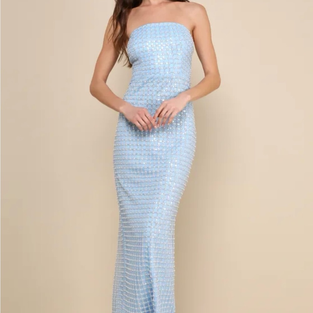 Lulus Perfectly Luxurious Light Blue  Pearl Strapless Maxi Dress